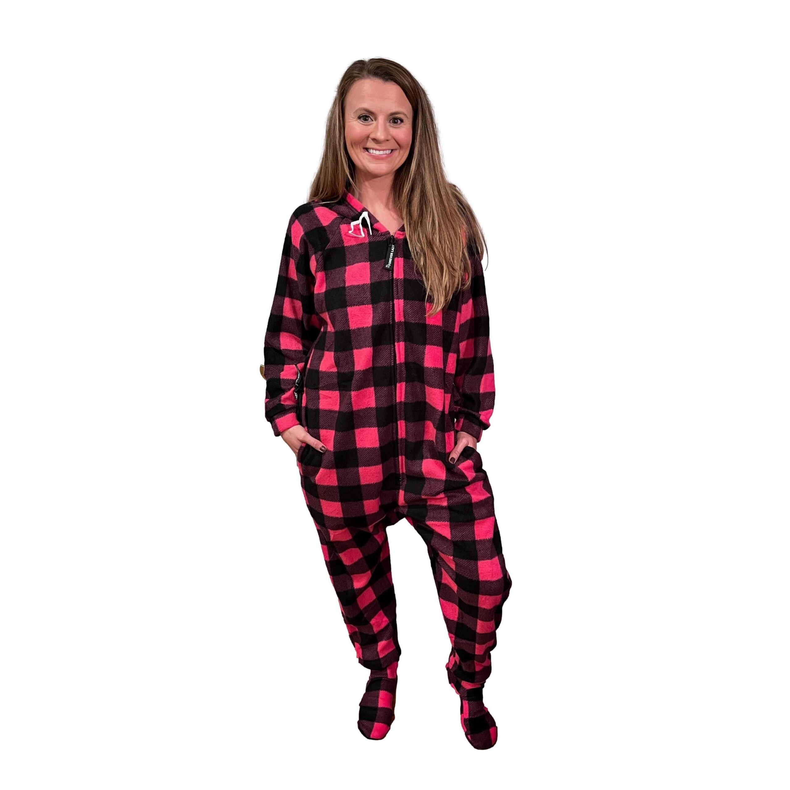 6919 Footed Adult Onesie  Pink Plaid  Xs